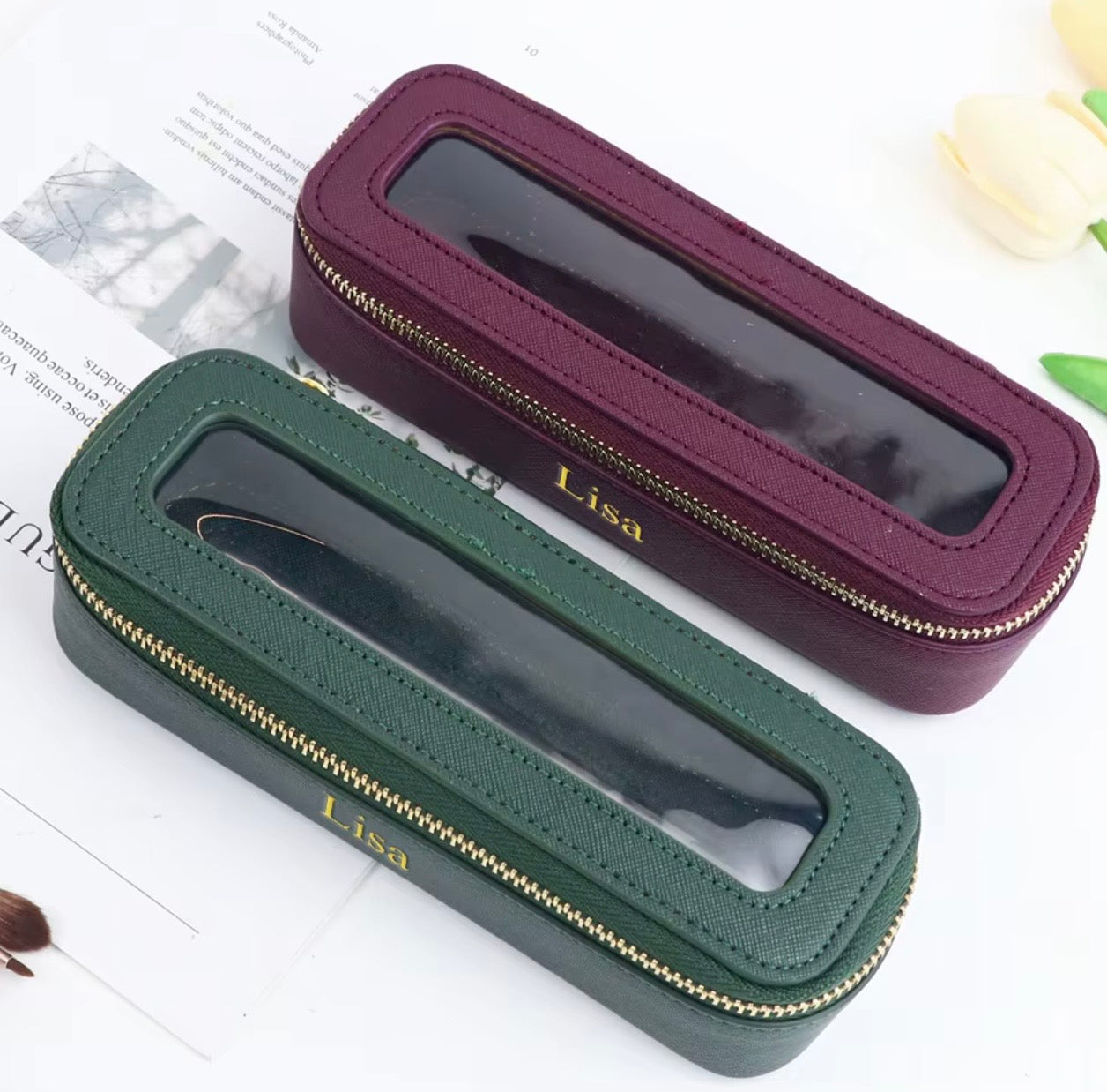 PU Leather Makeup Brush Case with Mirror — Travel Brush Holder