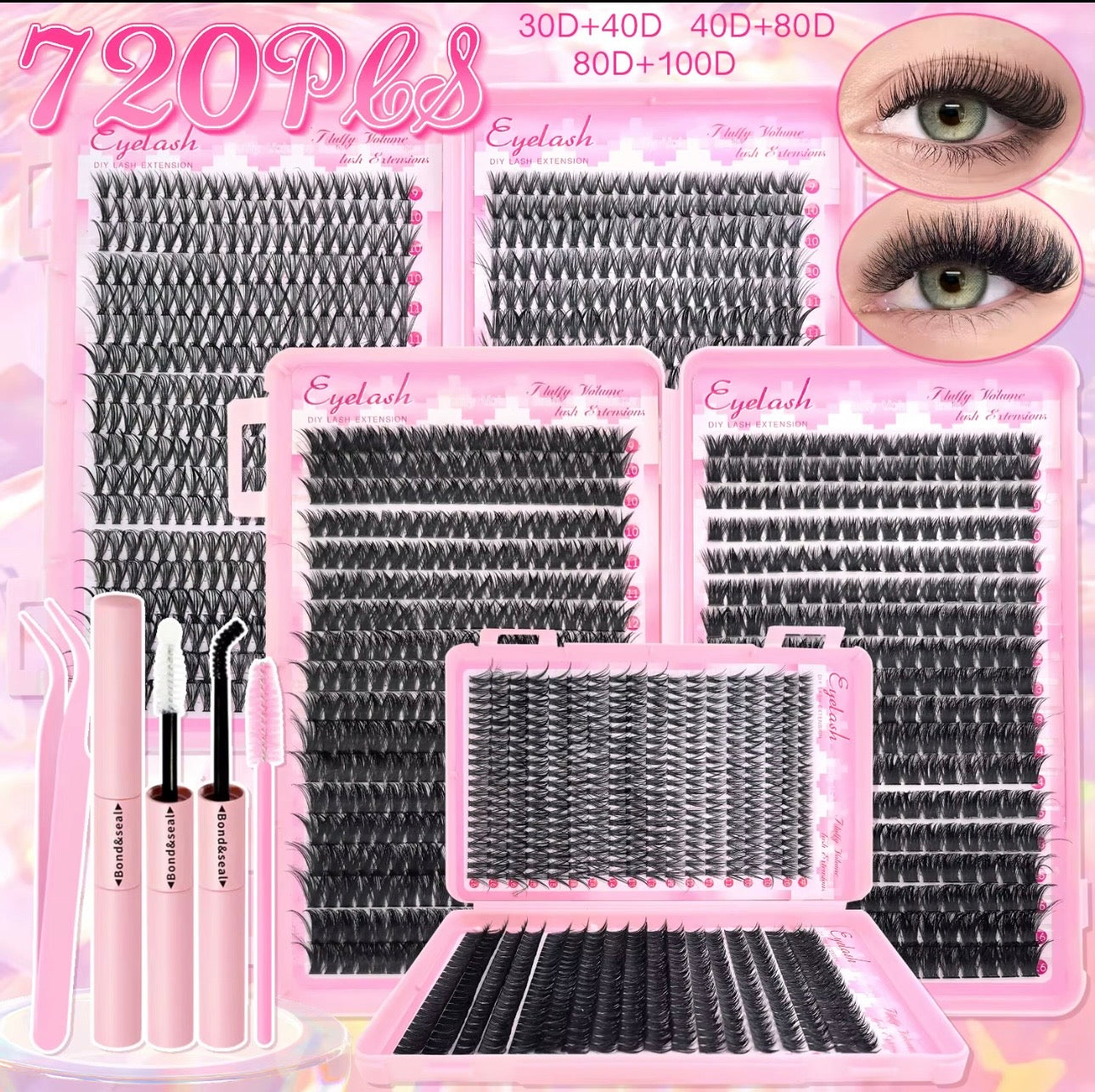 720Pcs DIY Fluffy Volume Lash Extension Kit with Bond & Seal