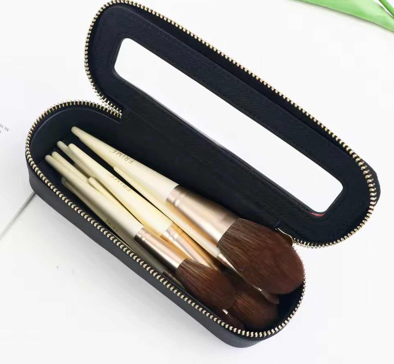 PU Leather Makeup Brush Case with Mirror — Travel Brush Holder